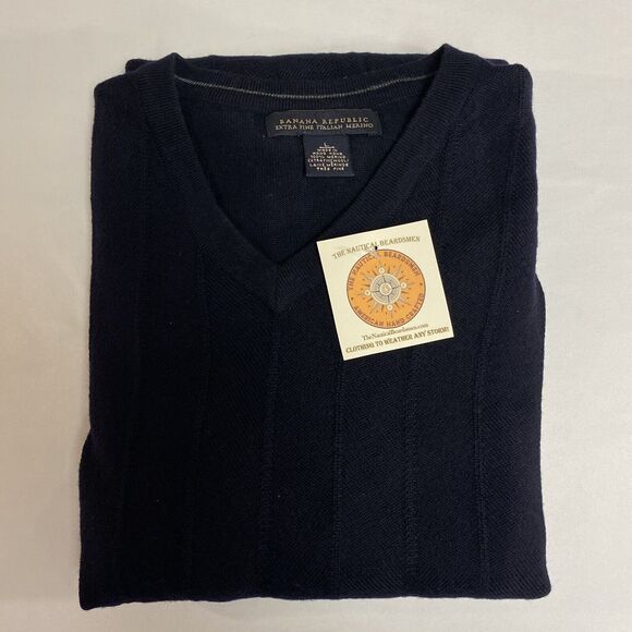 Banana Republic Sweater Mens Large Blue Fine Italian Merino Wool Preppy V-Neck - Picture 10 of 16